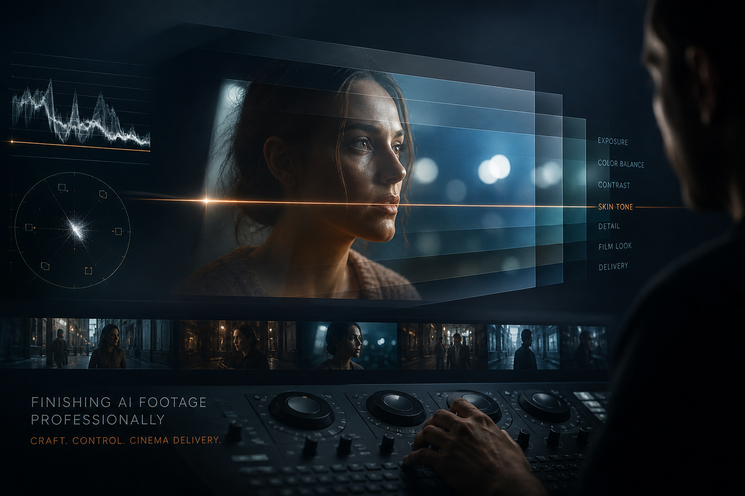 Concept: professional finishing suite — scopes, layers, and a cinematic frame brought into a consistent grade